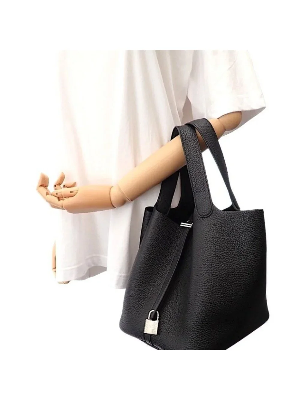Hermes Picotin Lock MM Handbag Taurillon Clemence Black Silver